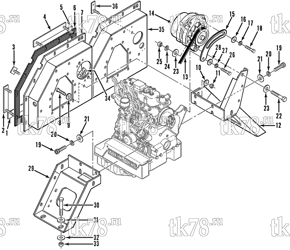 Каталог запчастей для Thermo King HK-III 30, HK-III HO & Fresh King w/2.49 Engine ENGINE & ALTERNATOR MOUNTING