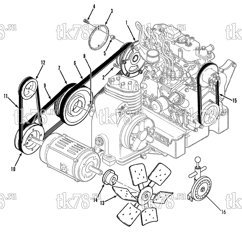 Каталог запчастей для Thermo King UMD-II MAX, SUMD-II MAX w/TK 3.74 Engine BELTS, PULLEYS, CLUTCH & FAN GROUP