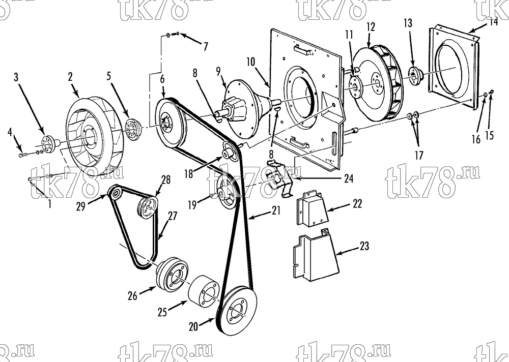 Каталог запчастей для Thermo King Super-II 30 190Y FANS, BELTS & PULLEYS GROUP (30s, WHISPER TK486/486E)