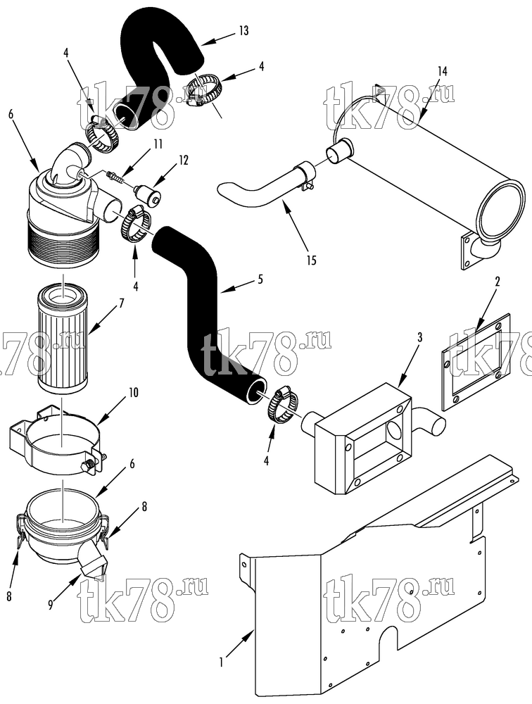 Каталог запчастей для Thermo King TS-300 w/TK 3.74 Engine DRY AIR CLEANER & MUFFLER GROUP