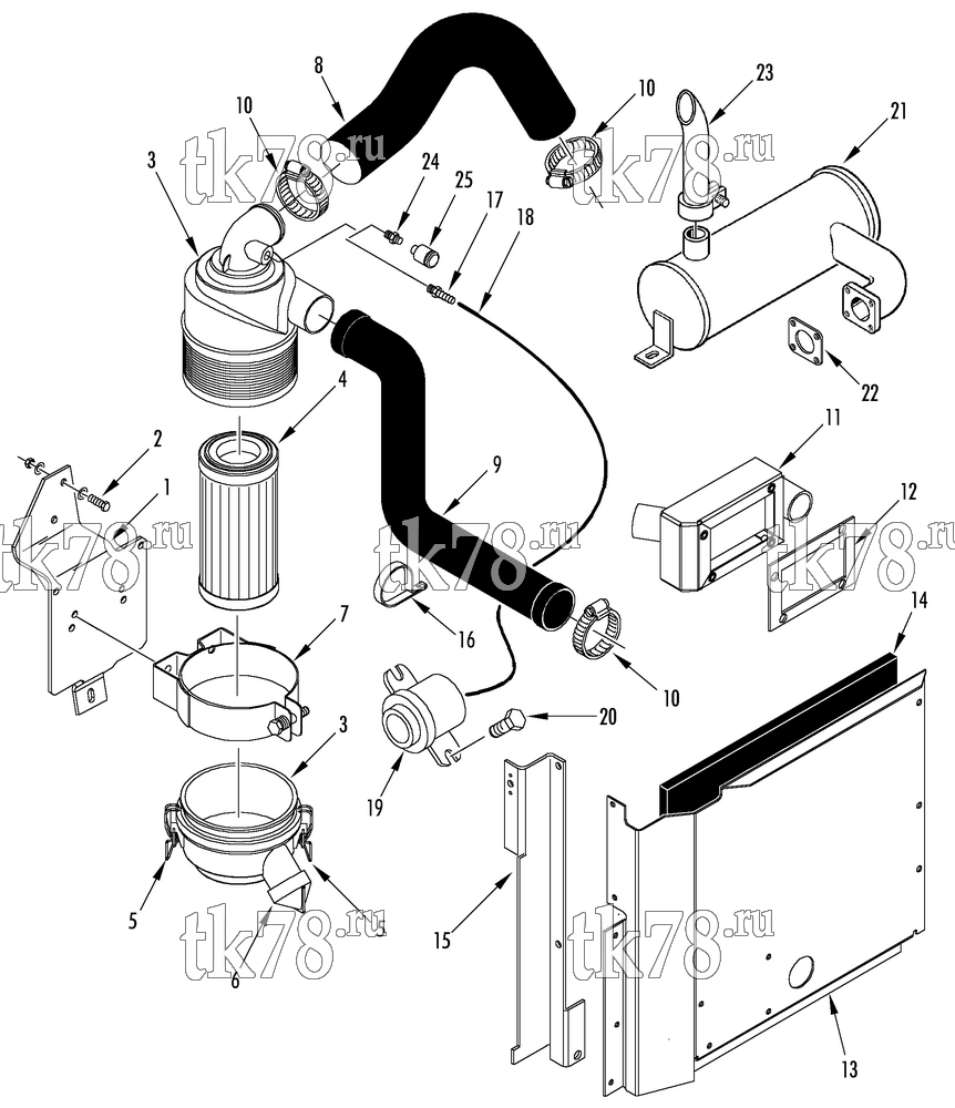Каталог запчастей для Thermo King TD-II SR w/TK 3.95 Engine INTAKE & EXHAUST GROUP (DRY FILTER)