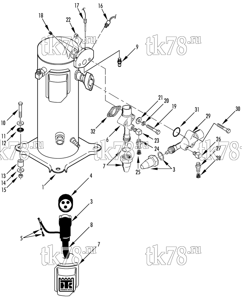 Каталог запчастей для Thermo King CSR 20SL MP3000 COMPRESSOR GROUP (w/ SERVICE VALVES)