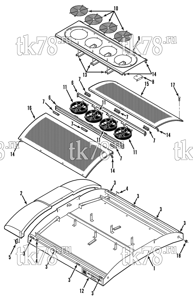 Каталог запчастей для Thermo King ART-III M3 CONDENSER FRAME & FANS (MASTER, 099722 & 099364)