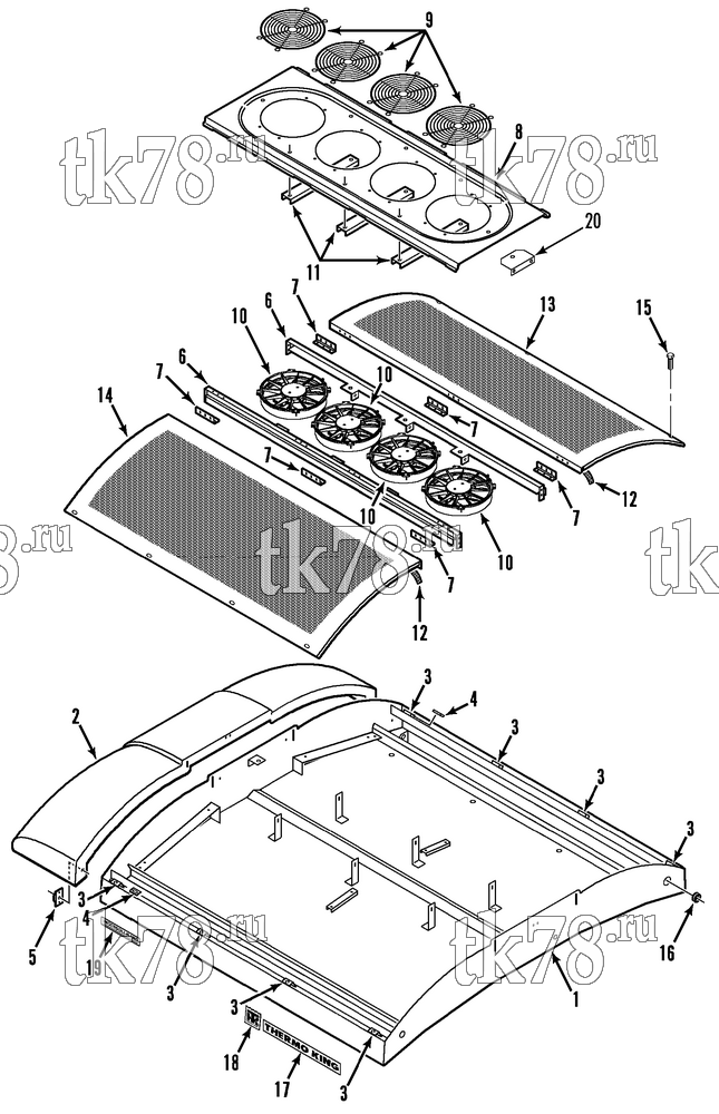 Каталог запчастей для Thermo King LRT-I 1000 (System 918895) CONDENSER FRAME & FANS (LRT-I)