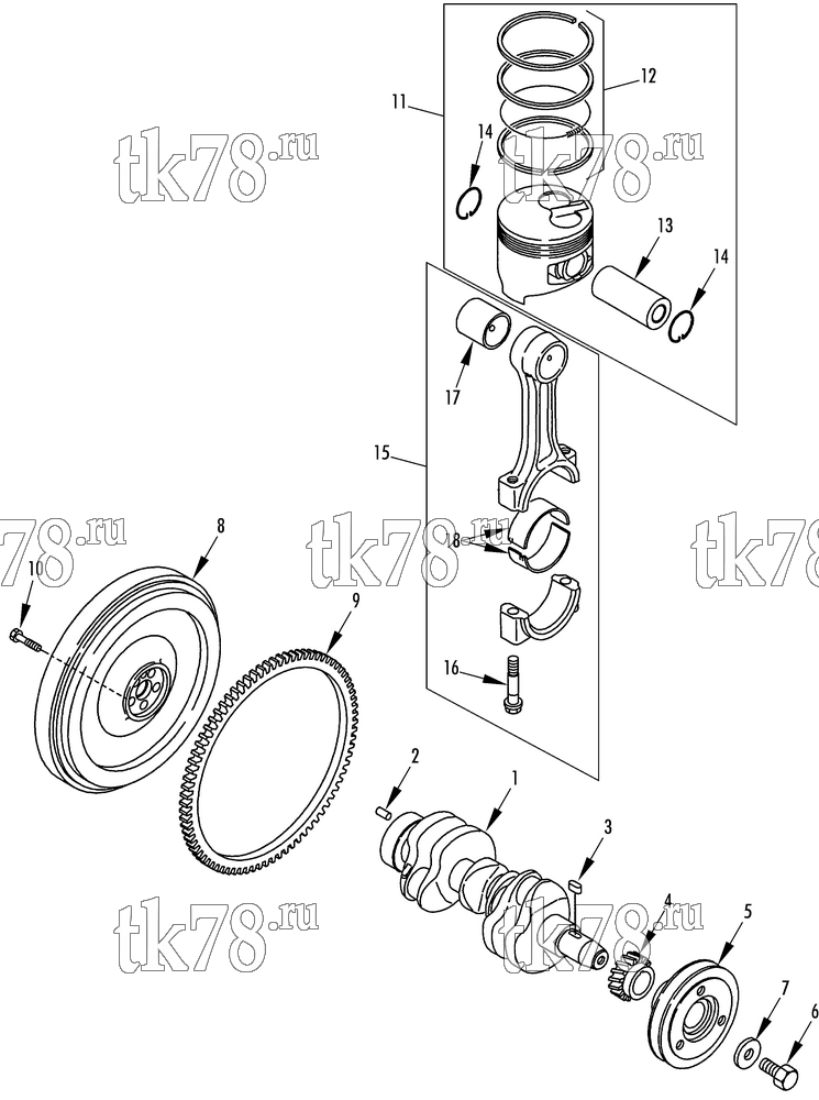 Каталог запчастей для Thermo King TS-500 w/TK 3.76 Engine CRANKSHAFT & PISTON (TK 376)