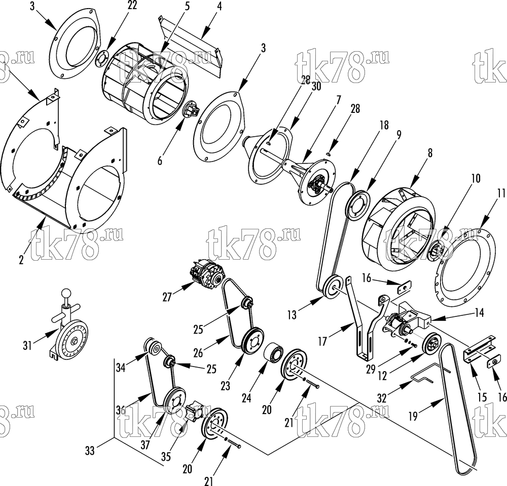 Каталог запчастей для Thermo King SPECTRUM SB TCI BELTS & BLOWERS (2200 RPM ENGINE)
