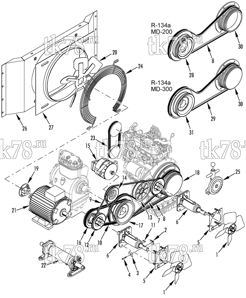 Каталог запчастей для Thermo King MD-200 w/TK 3.74 Engine BELTS, PULLEYS & FAN GROUP