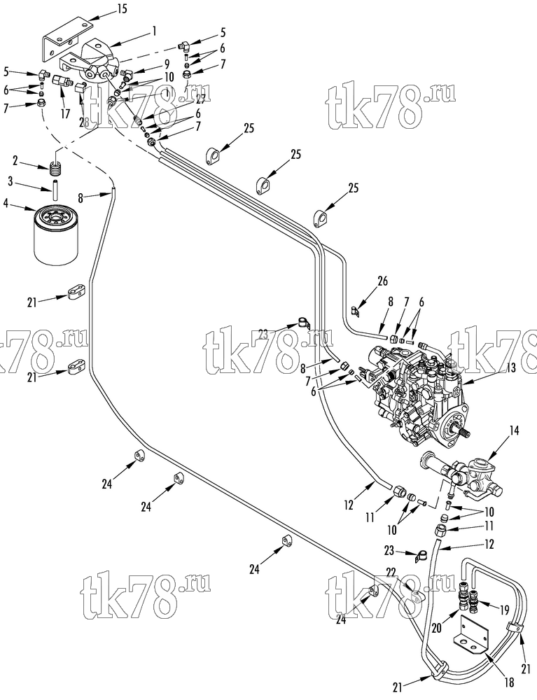 Каталог запчастей для Thermo King Super-II Tier 2 Engine (701297) FUEL FILTER & HOSES (SUPER-II TK486V)