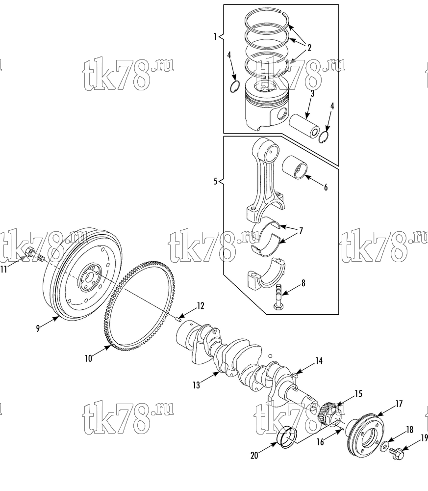 Каталог запчастей для Thermo King Super-II Tier 2 Engine (701297) CRANKSHAFT & PISTON GROUP (TK486 series)