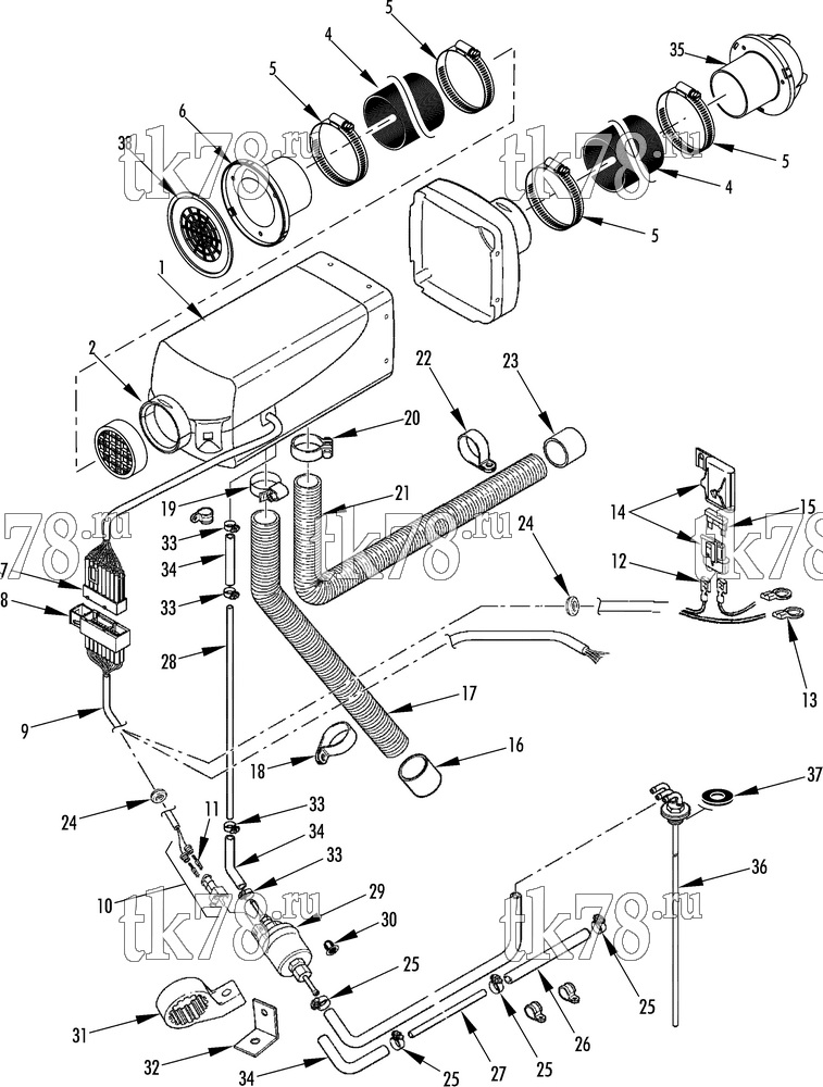Каталог запчастей для Thermo King TriPac Tier 2 Engine Pre-TK Version HEATER GROUP