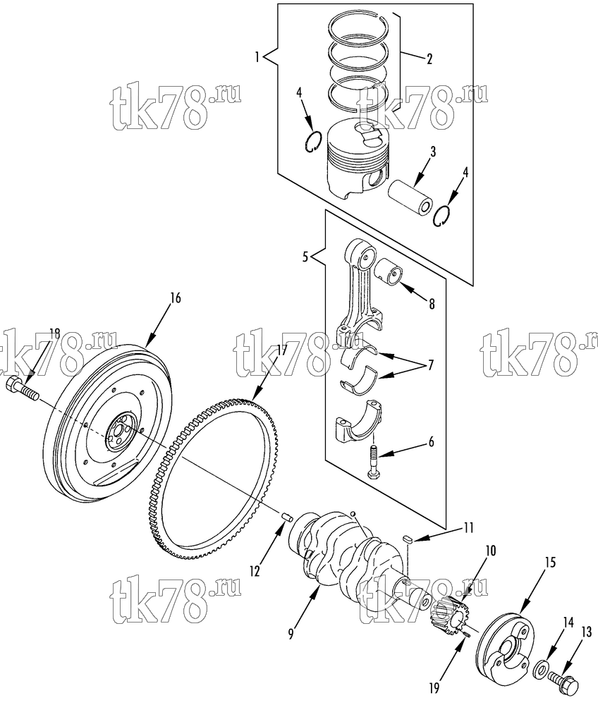Каталог запчастей для Thermo King TriPac Tier 1 Engine CRANKSHAFT & PISTON GROUP (TNE68C ETR)