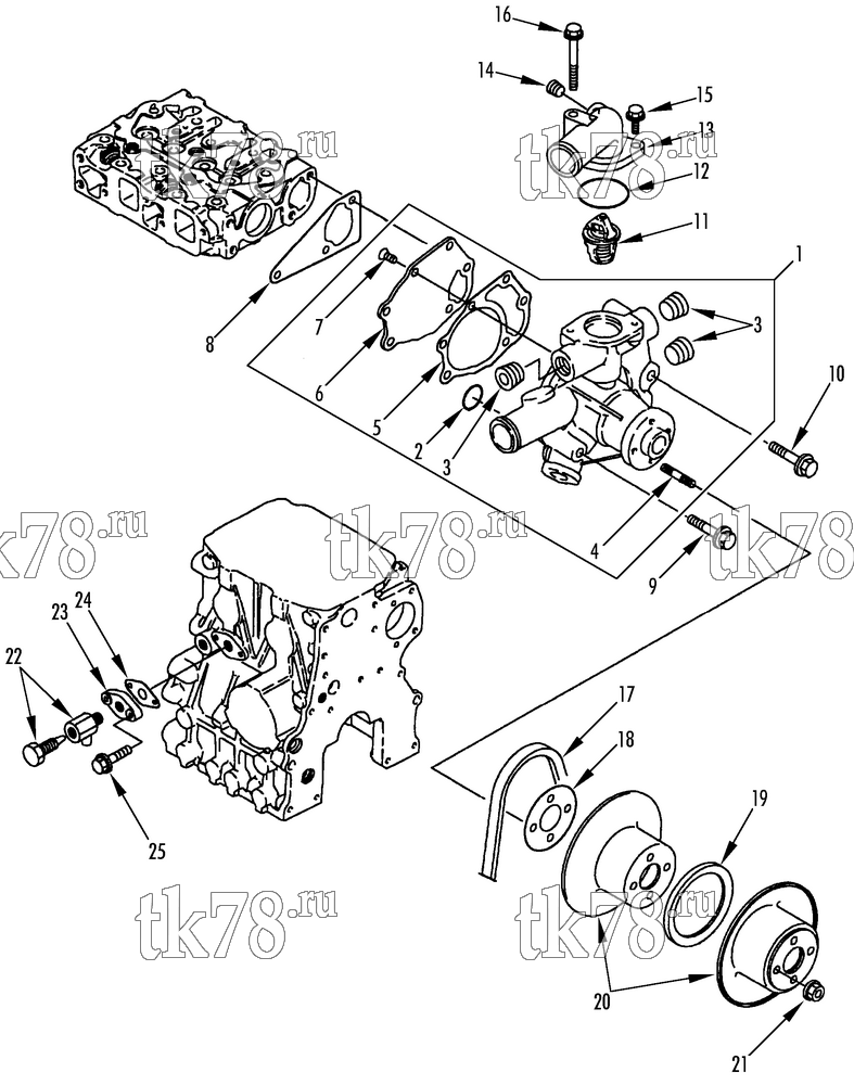 Каталог запчастей для Thermo King TriPac Tier 1 Engine WATER PUMP GROUP (TNE68C ETR)