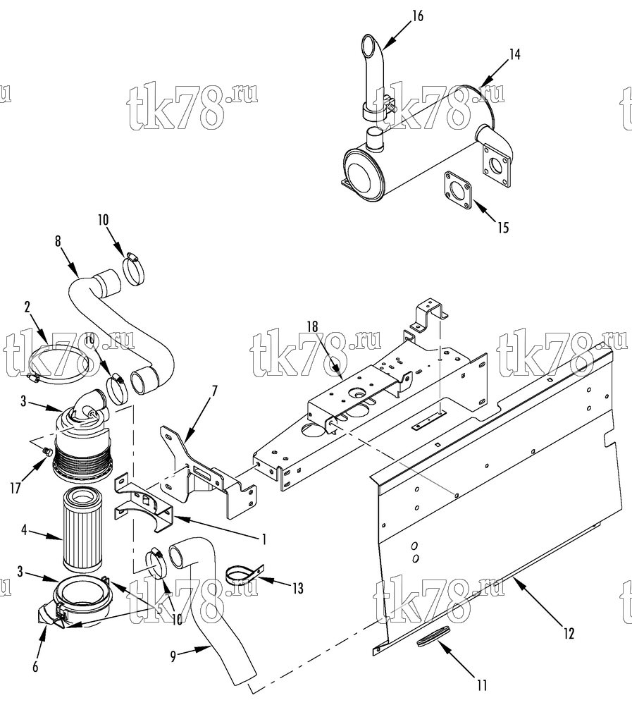 Каталог запчастей для Thermo King RD-II SR w/TK 3.76 Engine INTAKE & EXHAUST GROUP (DRY FILTER)