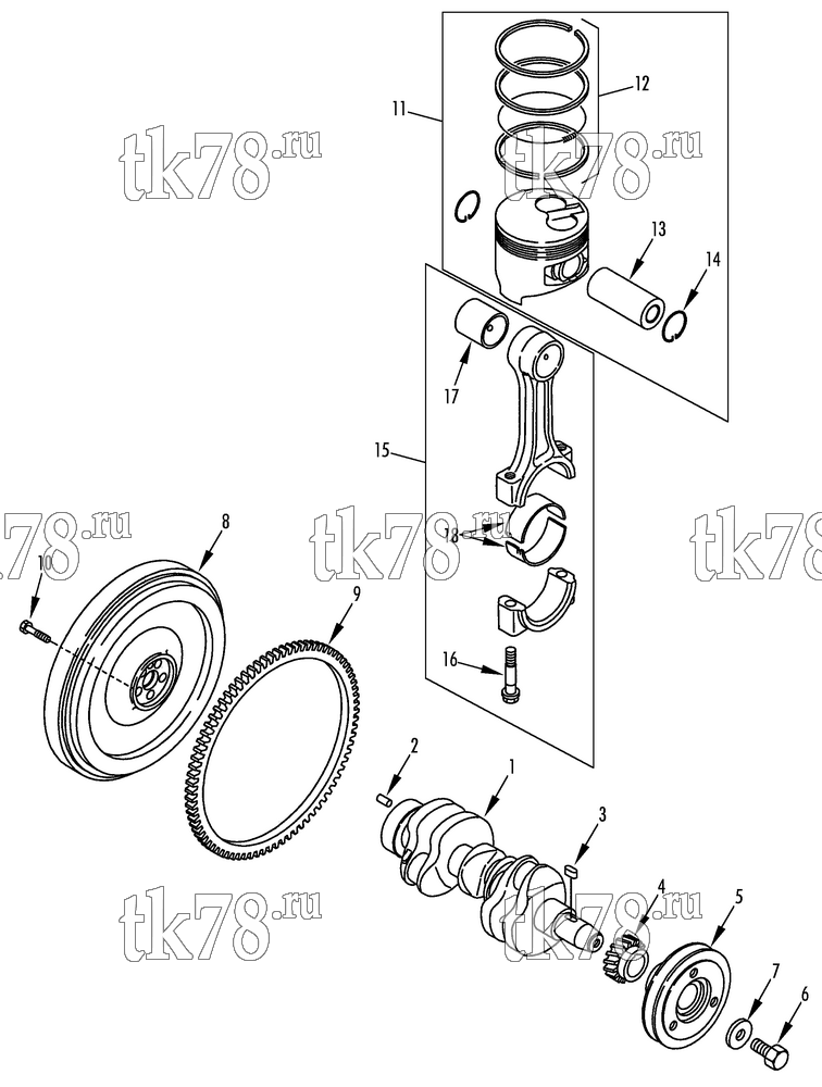 Каталог запчастей для Thermo King TS-200 w/TK 370 Engine CRANKSHAFT & PISTON (TK 370)