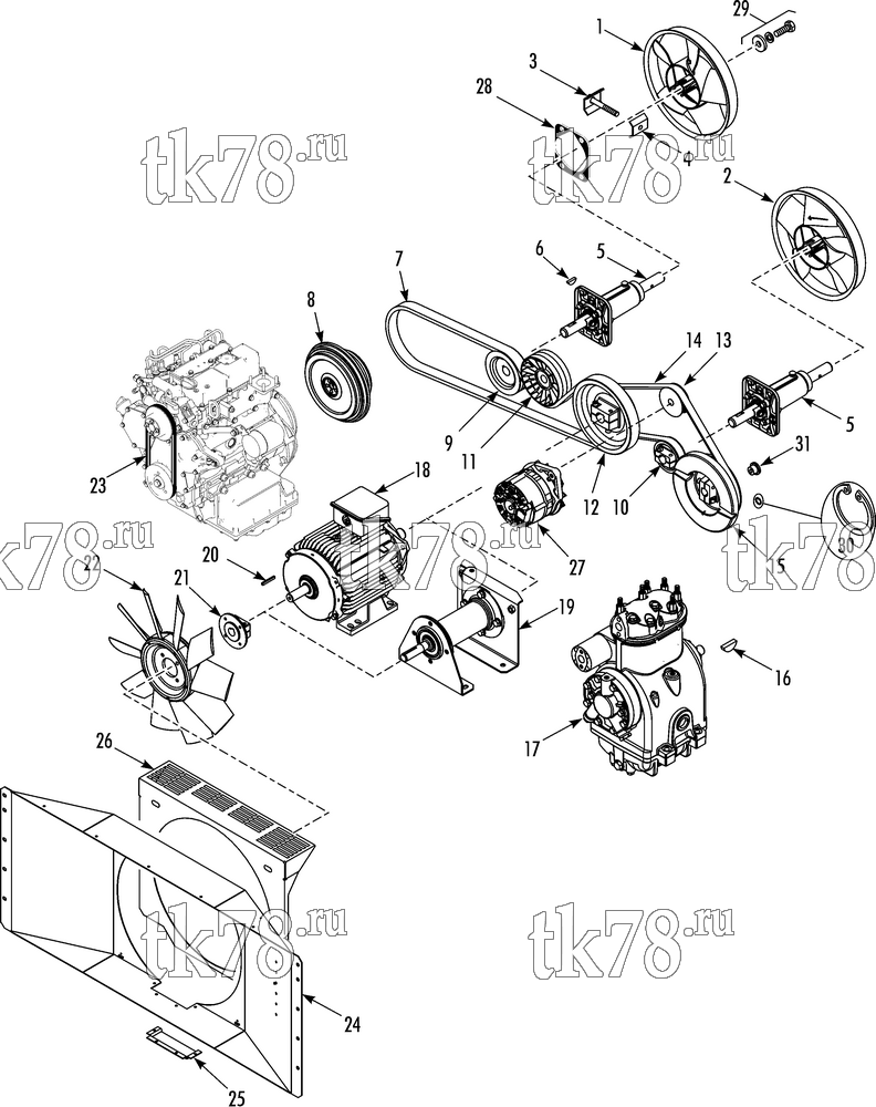 Каталог запчастей для Thermo King T-600 M BELTS, PULLEYS & FAN GROUP (T-570R/600M/800M)