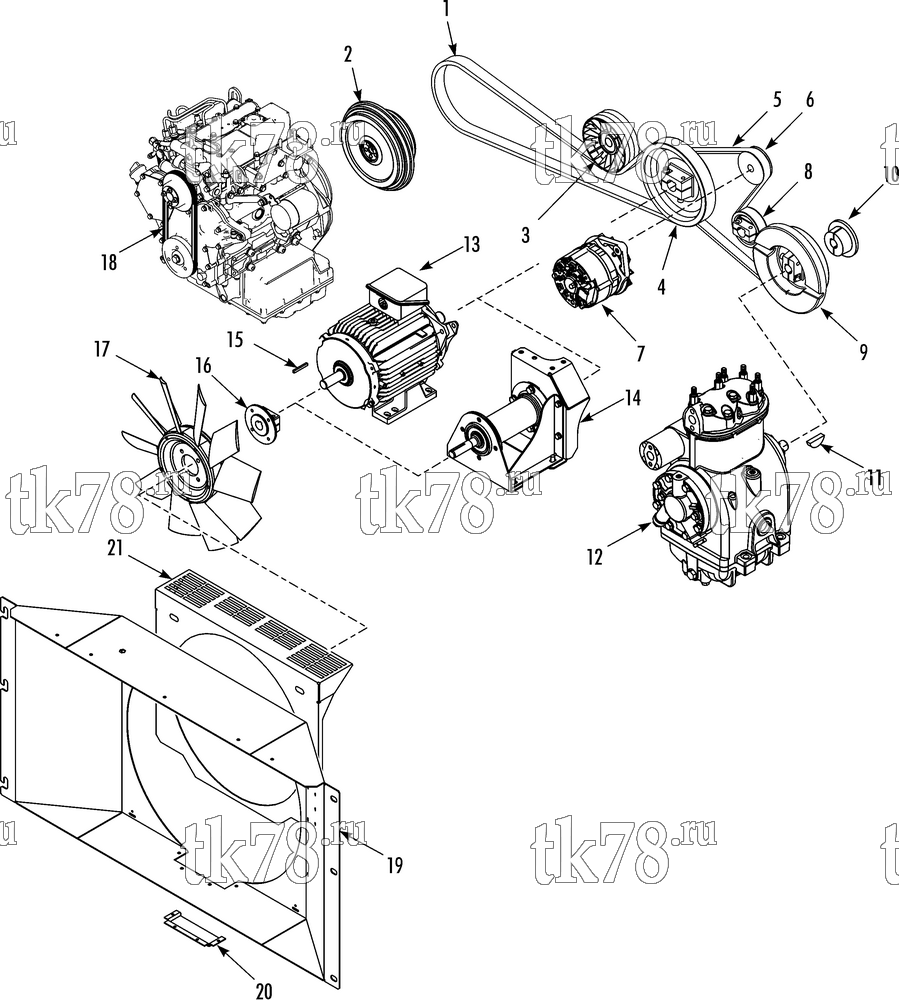 Каталог запчастей для Thermo King T-500R EMEIA BELTS, PULLEYS & FAN GROUP