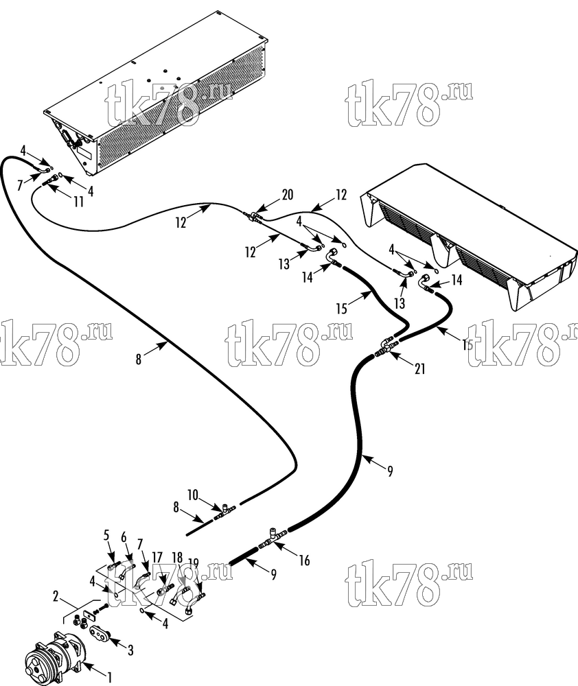 Каталог запчастей для Thermo King SA-800 COMPRESSOR & HOSE KITS w/ 1 SKIRT MOUNT CONDENSER & 1 COMPRESSOR