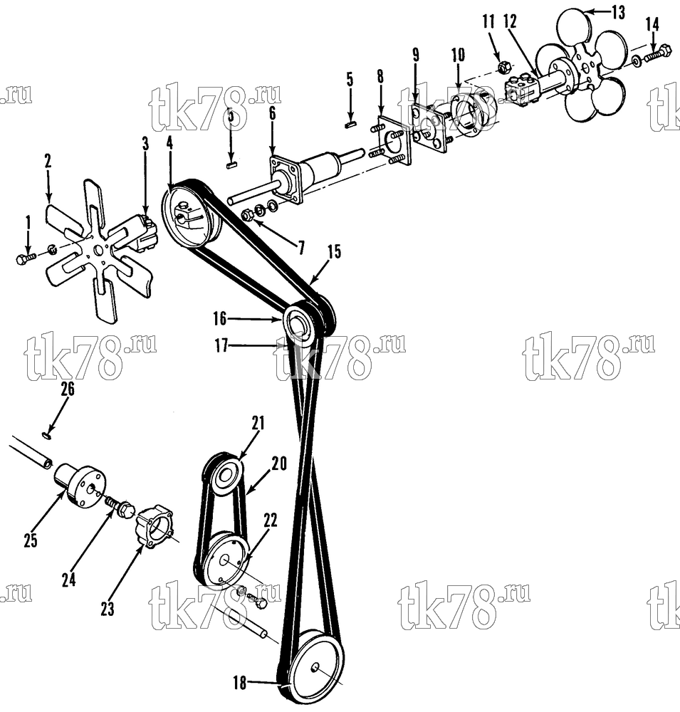 Каталог запчастей для Thermo King Sentry 30 & 50 1000, 1200, 2000 w/C201 Engine BELTS, PULLEYS & FAN GROUP (50s)
